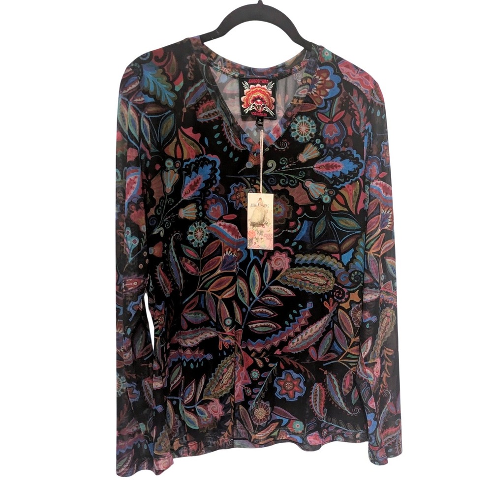 Johnny Was Silvana Multicolor V-Neck Long Sleeve Mesh Tee Floral Paisley New XL - Picture 6 of 6